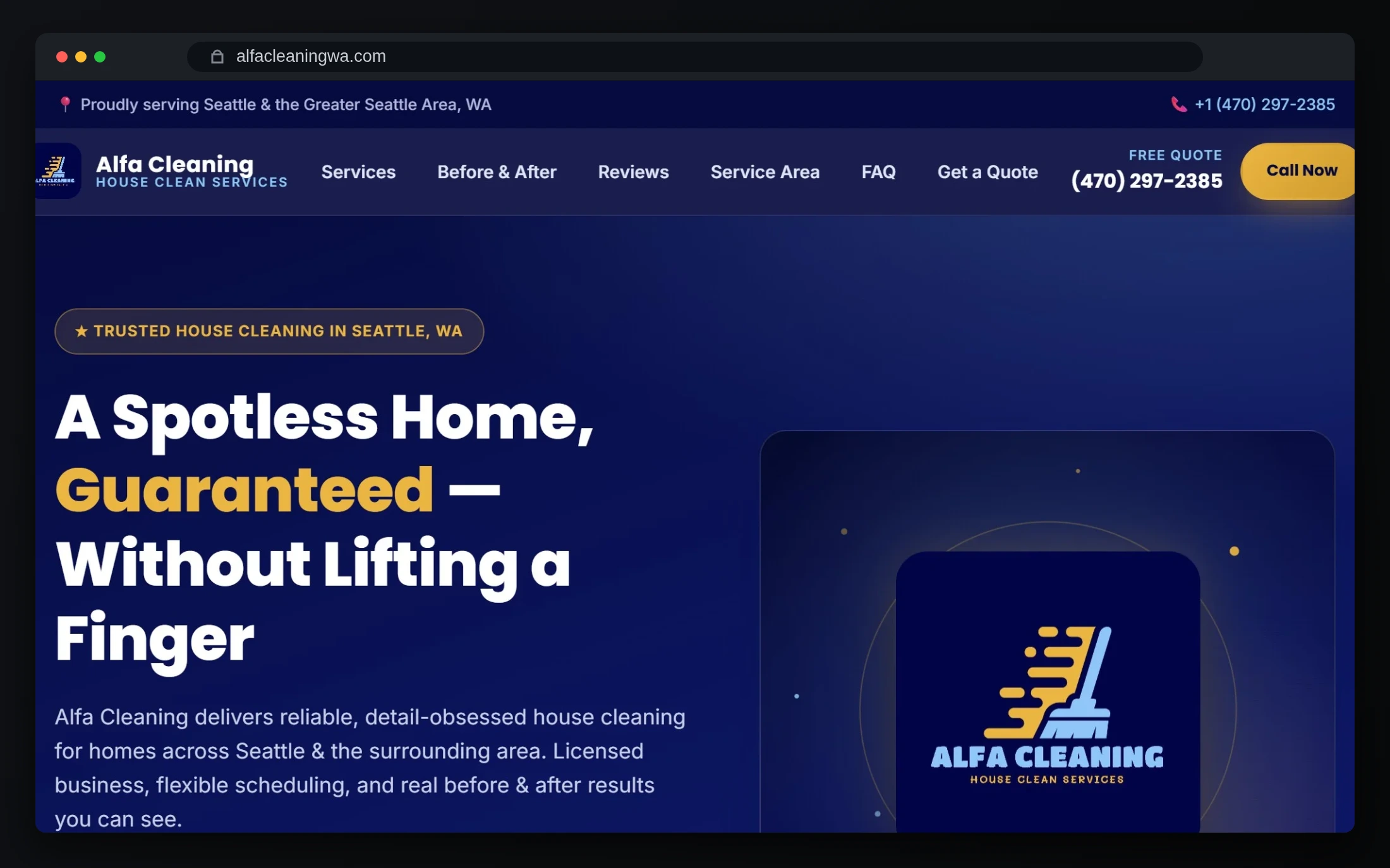 Alfa Cleaning live website with Seattle cleaning services and quote actions