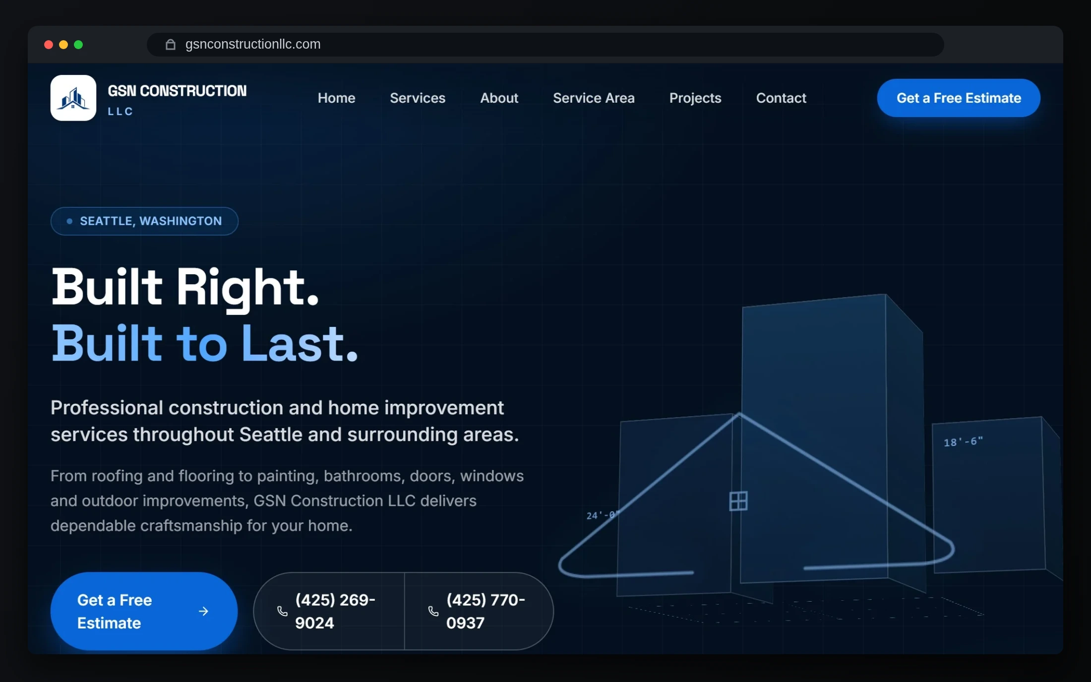 GSN Construction LLC live website with home improvement services and estimate request