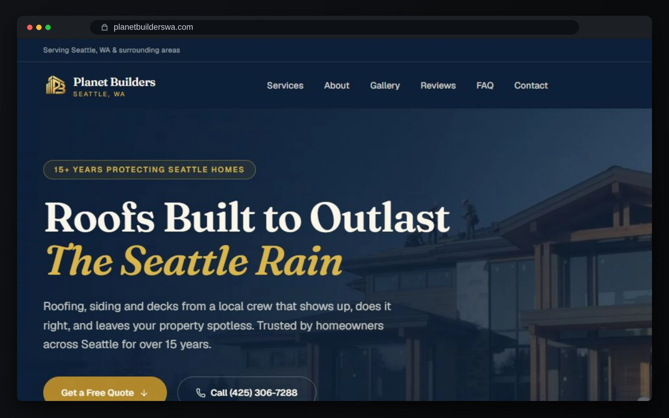 Planet Builders LLC live website presenting roofing, siding and deck services in Seattle